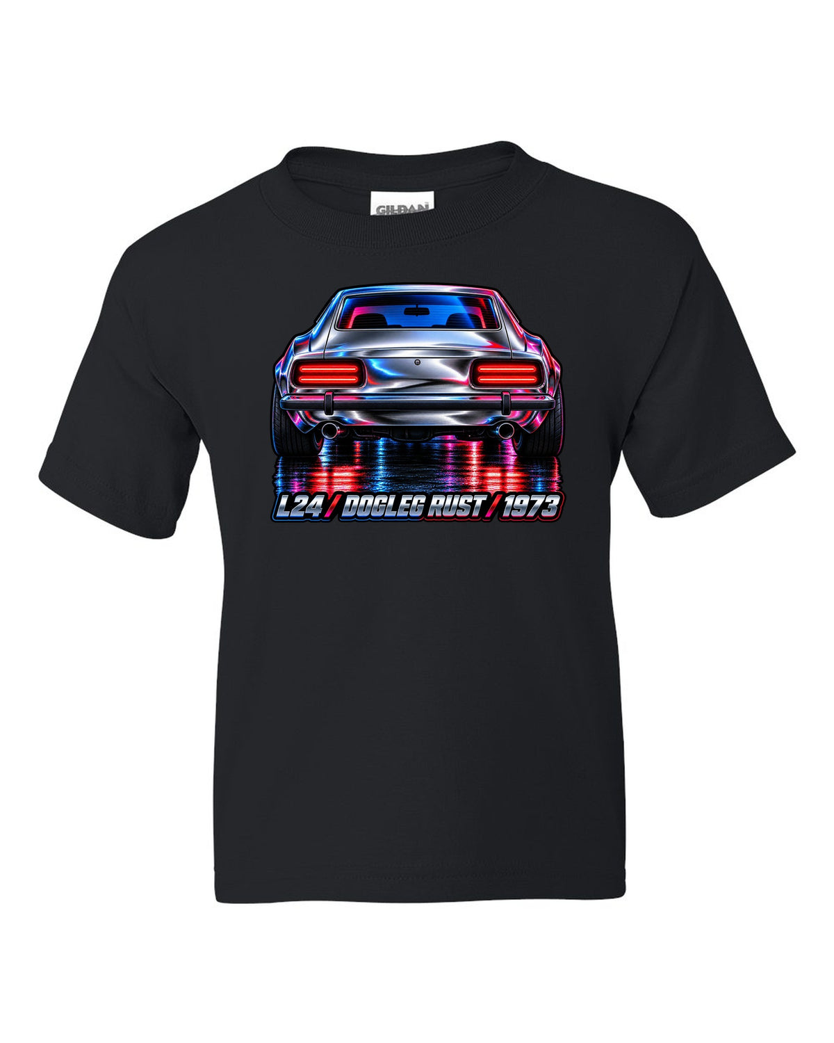 Airbrush chrome close-up of a 1973 Datsun 240Z rear taillights black kids tee front view with the design