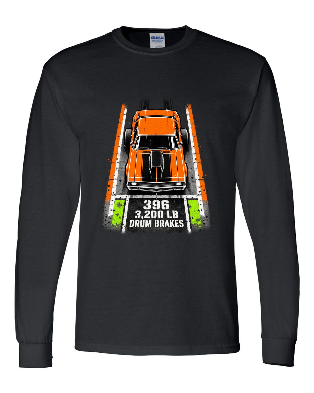 Stencil spray street art print of a 1970 Chevrolet Nova SS 396 with the text 396, 3,200 LB, Drum Brakes black long sleeve front view with the design