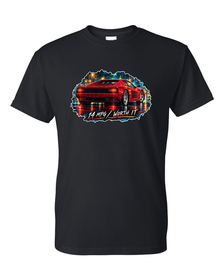 Watercolour wet road night print of the Ferrari Testarossa F110 with the text 14 MPG, worth it black t-shirt front view with the design