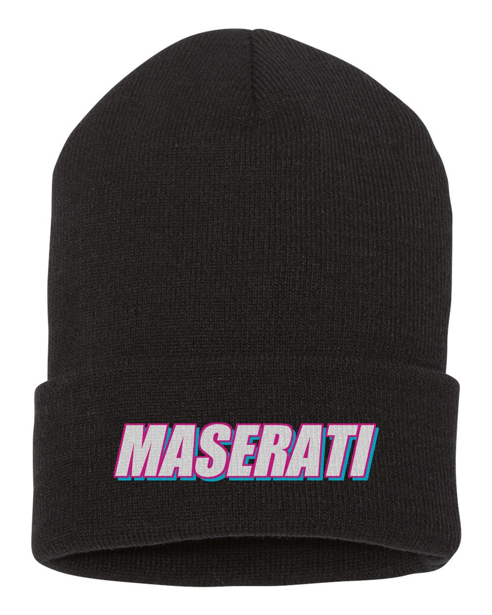 Maserati black beanie front view with car name