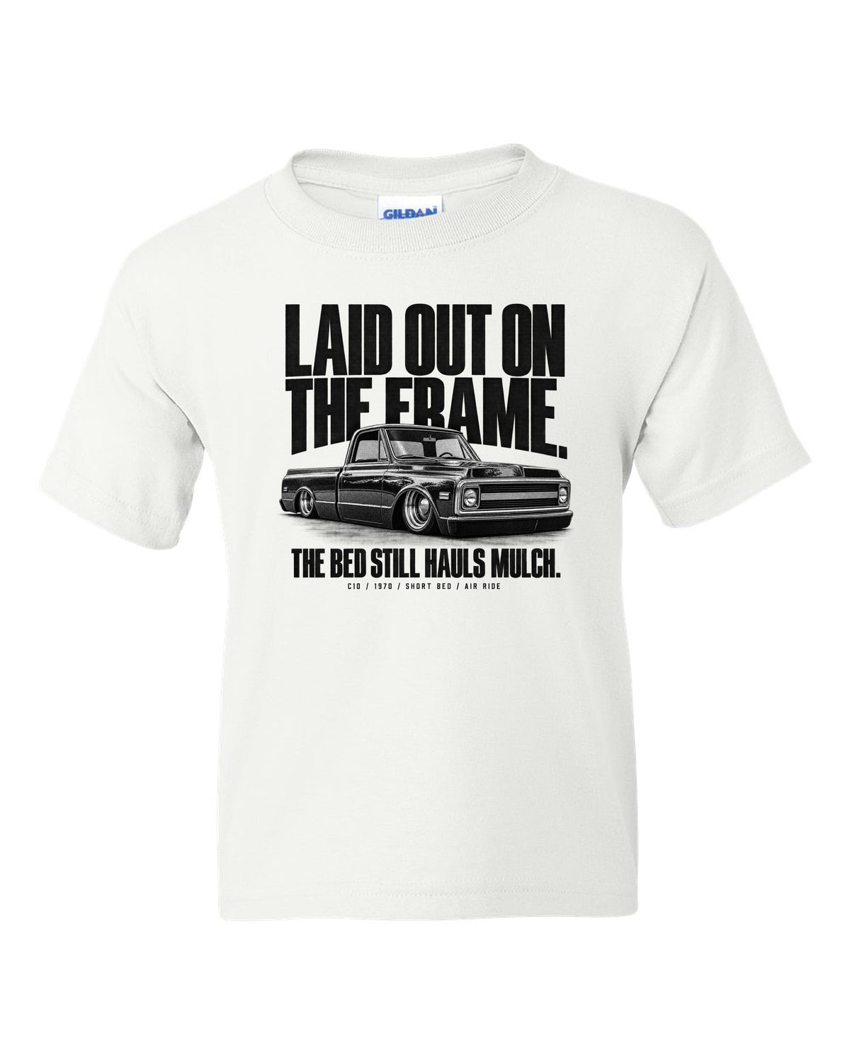 Halftone print of a 1970 Chevrolet C10 short bed on air ride with laid out on the frame text white kids tee front view with the design