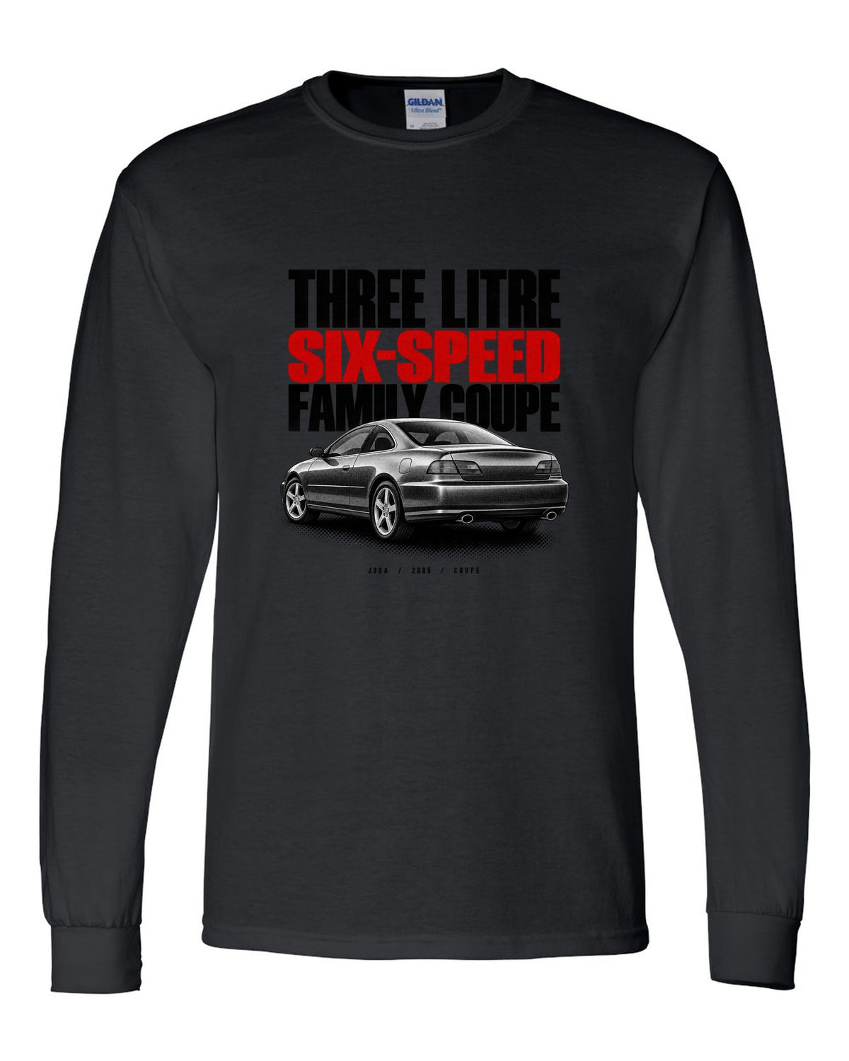Halftone print for the 2005 Honda Accord V6 coupe reading three litre, six-speed, family coupe black long sleeve front view with the design