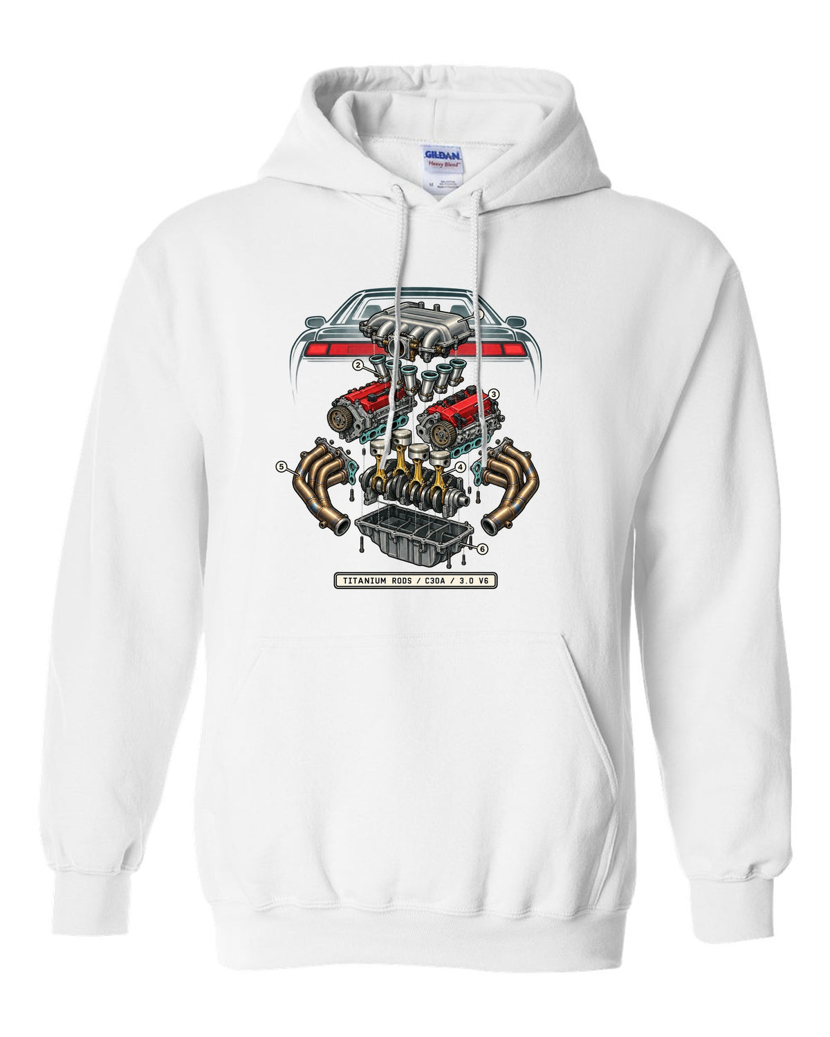 Isometric engine schematic print for the Honda NSX NA1 C30A with titanium rods text white pull over hoodie front view with the design