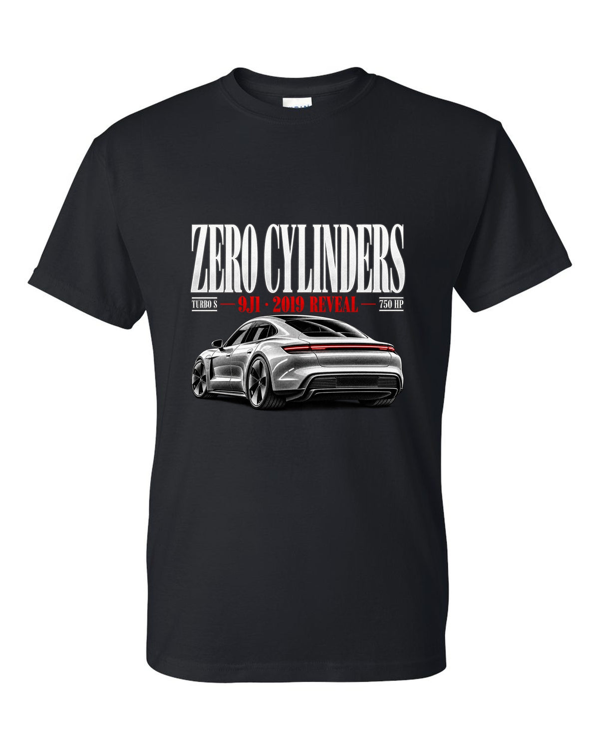Porsche Taycan Turbo S 9J1 editorial headline with zero cylinders, 2019 reveal, 750 HP black t-shirt front view with the design