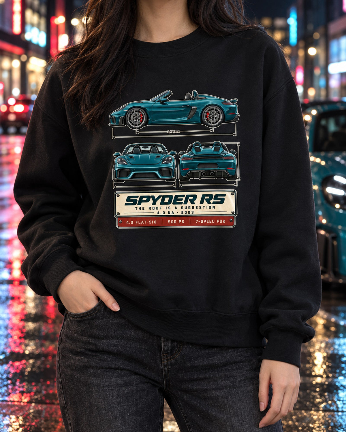 Porsche 718 Spyder RS 982 Three-View Spec Shirt, 4.0 NA Crewneck Black worn hero