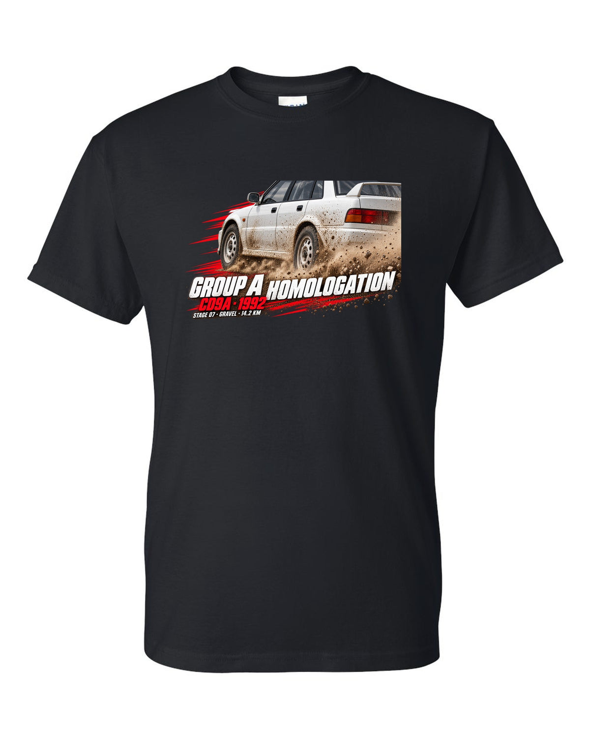 Rally poster print for the Mitsubishi Lancer Evolution I CD9A reading Group A Homologation, 1992, Stage 07 gravel black t-shirt front view with the design
