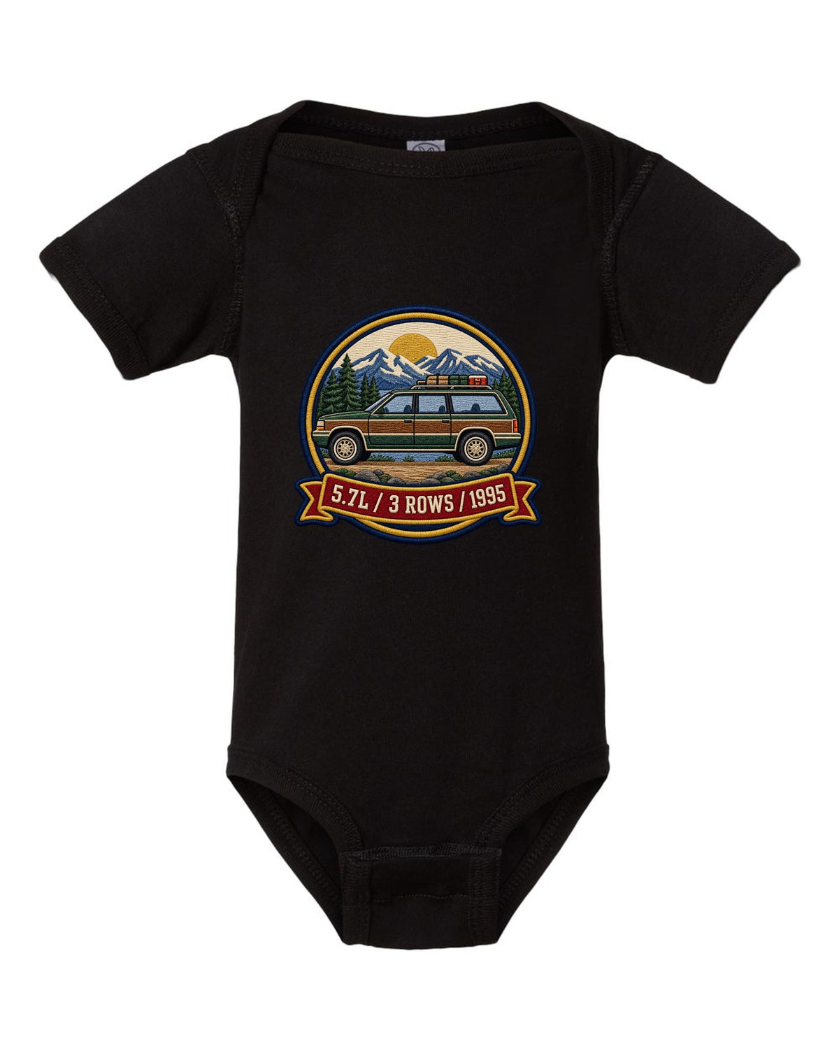 Varsity round crest print for a 1992-1999 Chevrolet Suburban GMT400 with 5.7L, 3 Rows, 1995 text black baby onesie front view with the design