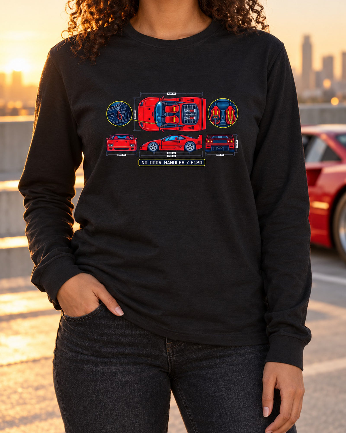 Ferrari F40 Cabin Blueprint Tee, No Door Handles Car Shirt Long Sleeve Black worn hero