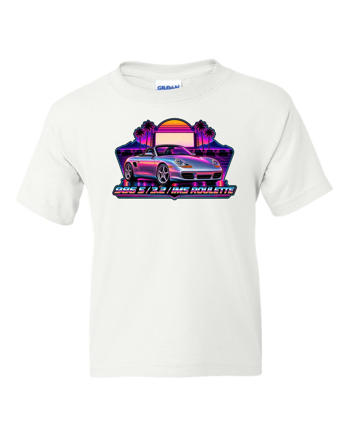 Porsche 986 Boxster S synthwave outrun design with IMS roulette lettering white kids tee front view with the design