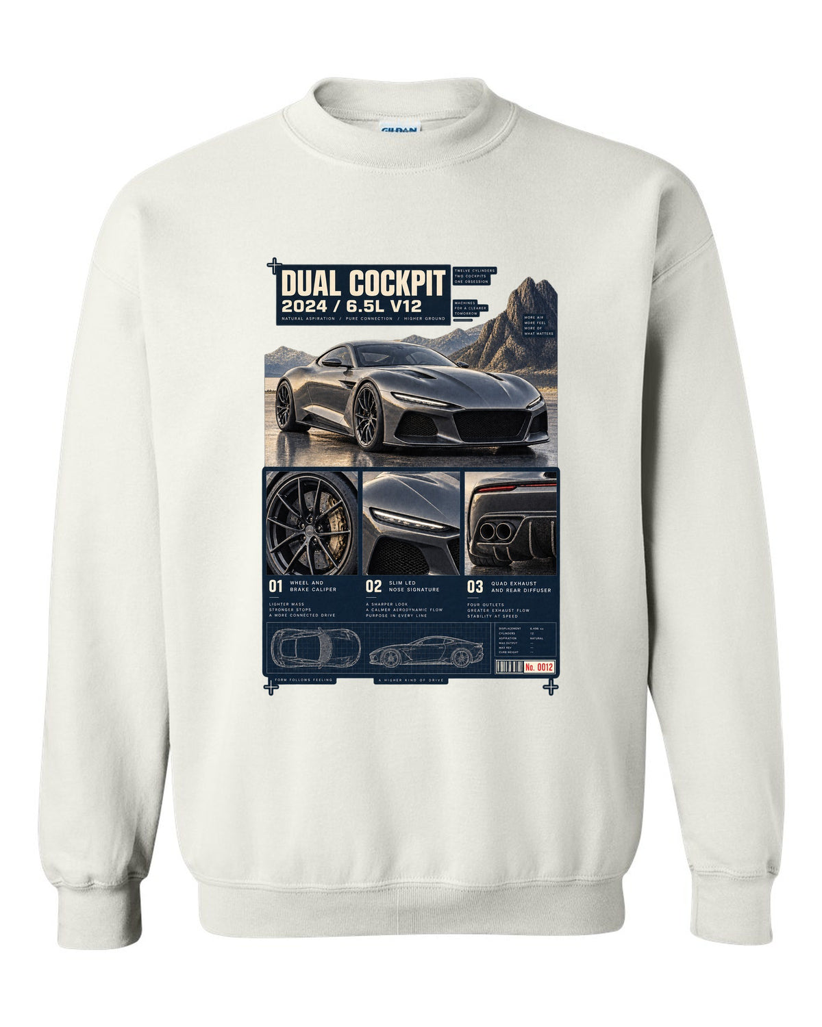 Dossier panel print of the Ferrari 12Cilindri with cockpit and V12 text white crewneck front view with the design