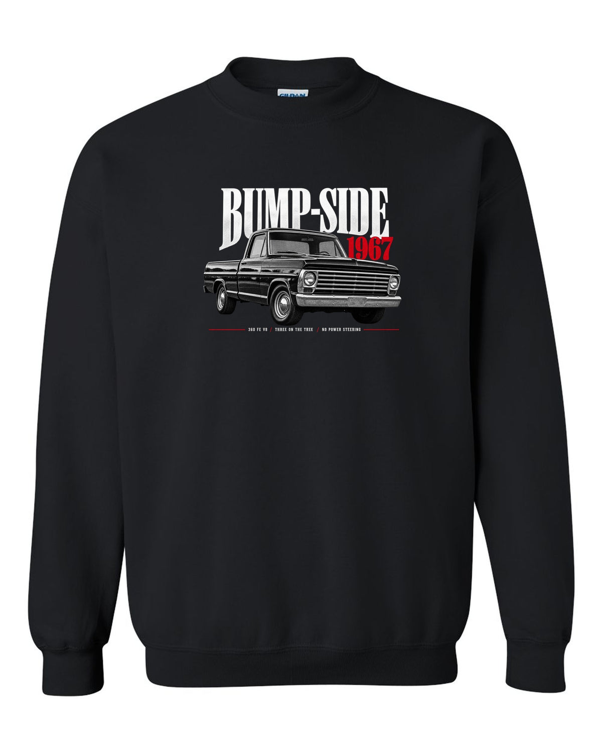Ford F-Series Bump-Side 1967 360 FE V8 Editorial Graphic Tee black crewneck front view with the design