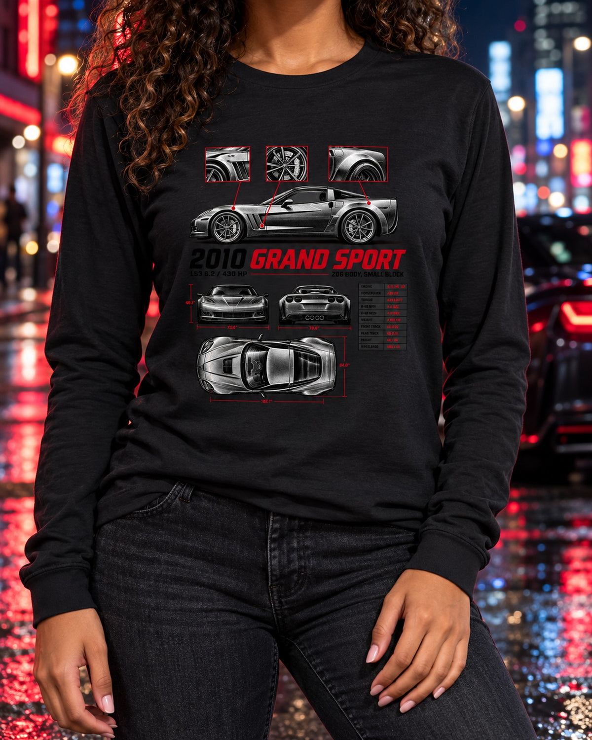 Corvette C6 Grand Sport 2010 Spec Poster Tee, LS3 430 HP Long Sleeve Black worn hero