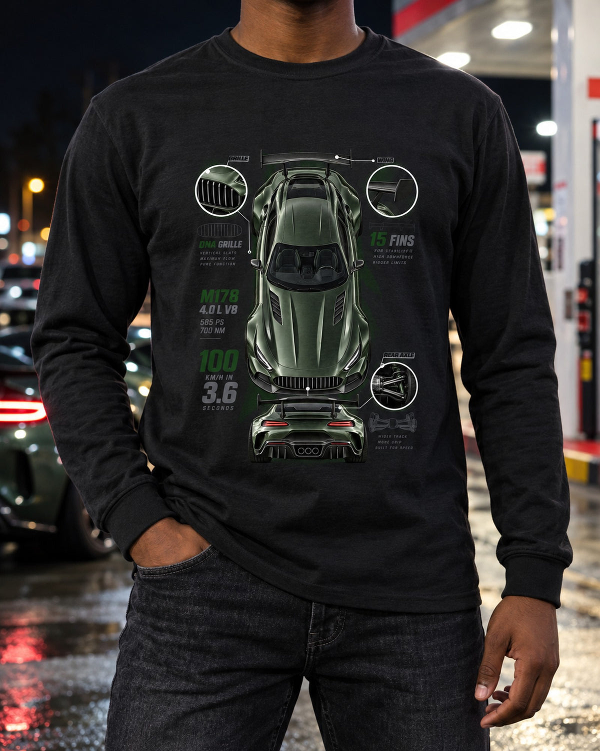 Mercedes-AMG GT R C190 Spec Poster Shirt, Fifteen Fins Long Sleeve Black worn hero