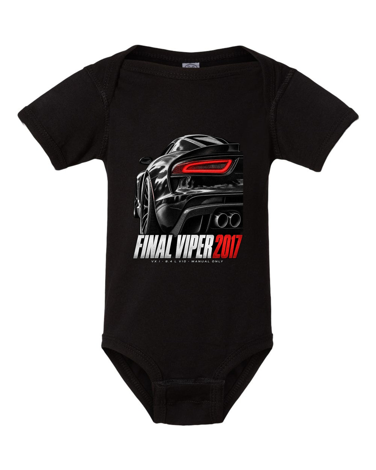 2014 Dodge Viper SRT VX I rear taillight macro print with Final Viper 2017 lettering black baby onesie front view with the design