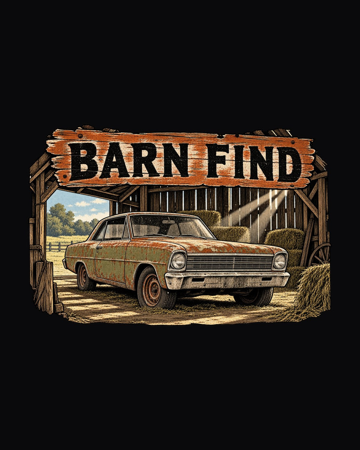 1966 Chevy II Nova Barn Find Retro Manga Panel Car Shirt design only