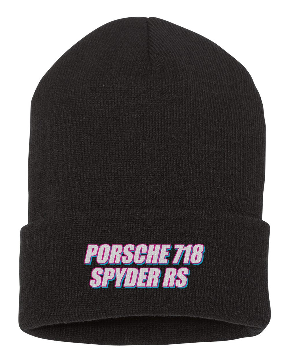 Porsche 718 Spyder Rs black beanie front view with car name