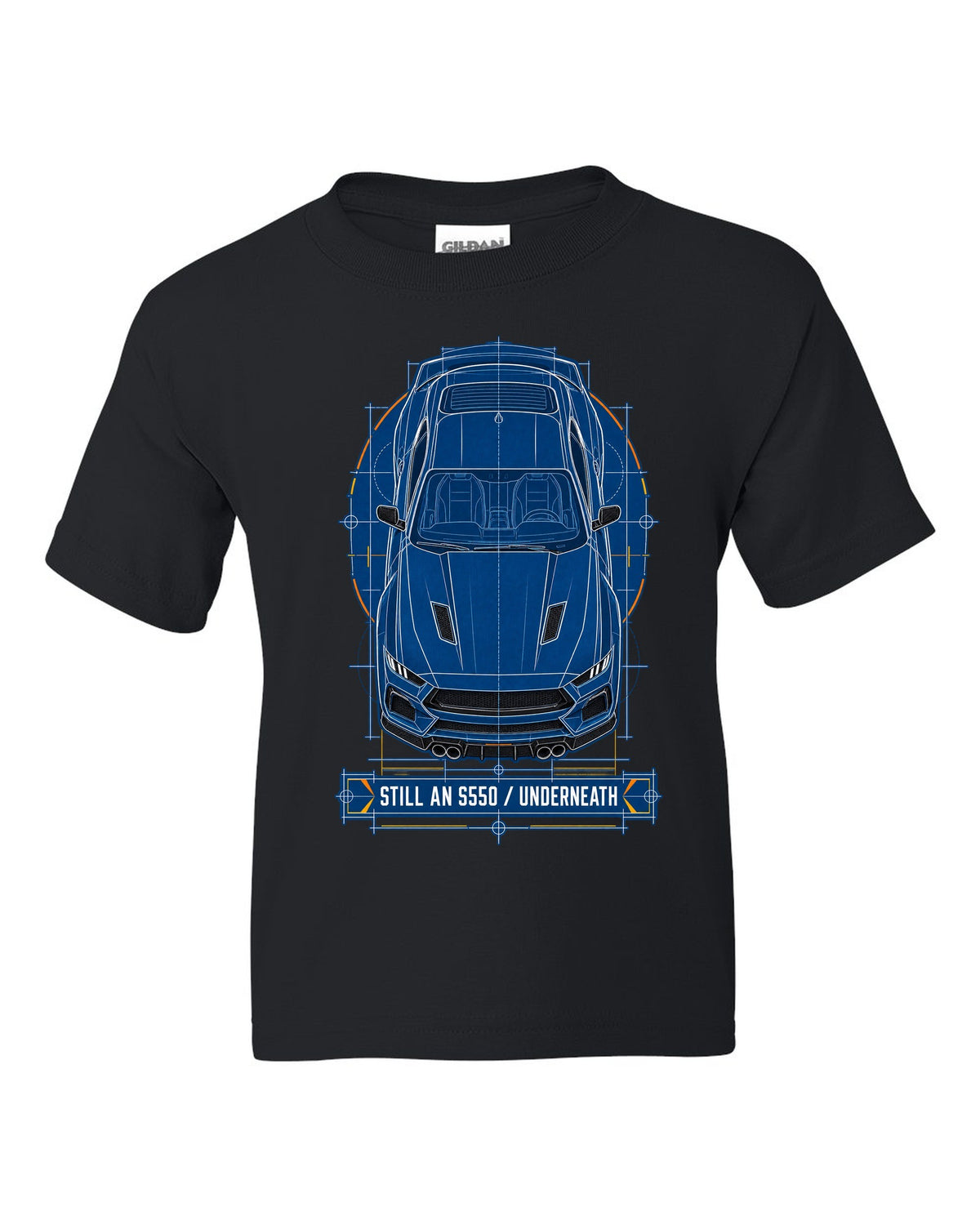 Cyanotype negative blueprint top view print of a 2024 S650 Mustang with Still An S550 Underneath black kids tee front view with the design