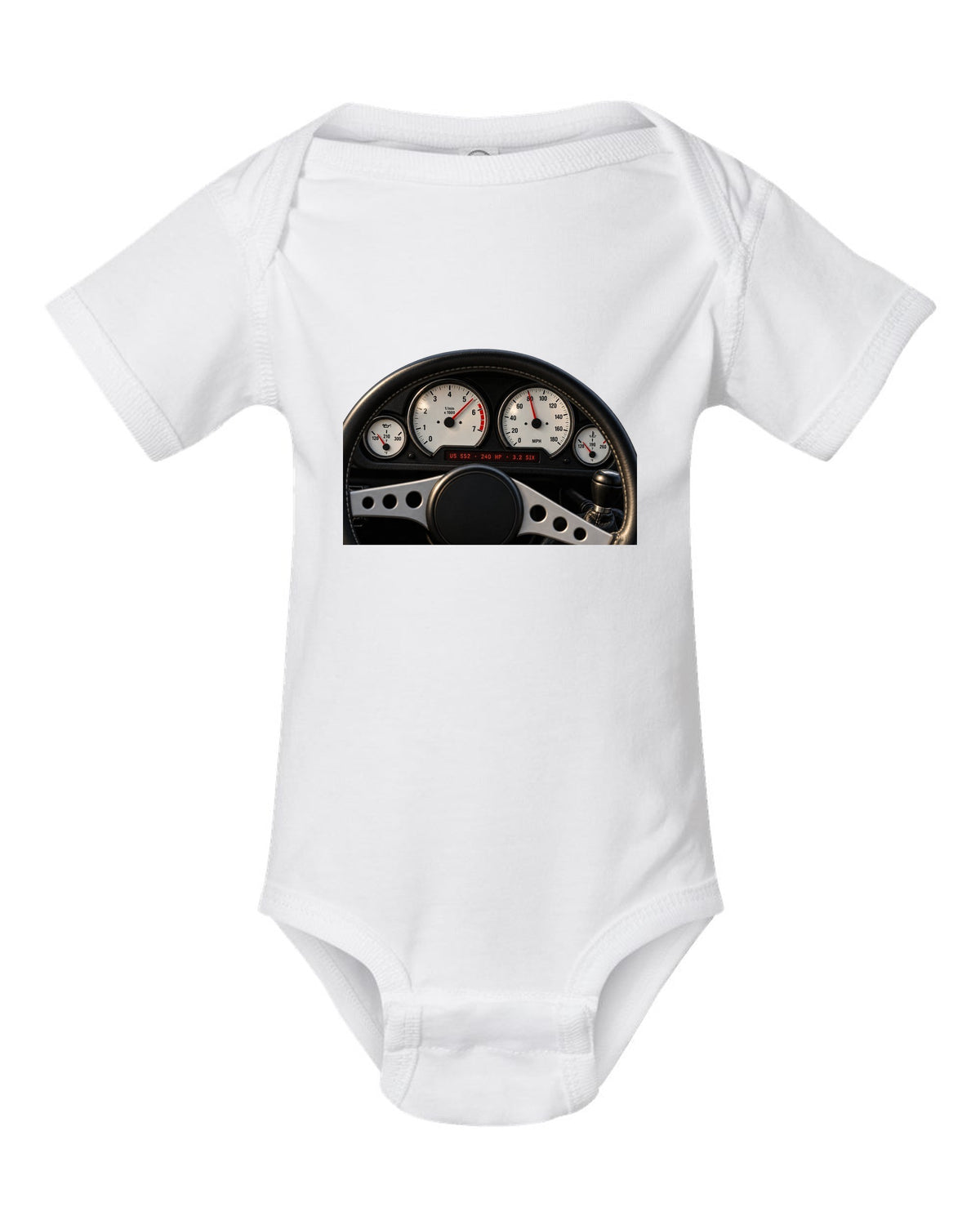 BMW E36 M3 coupe US S52 cockpit gauge print with 240 HP and 3.2 six text white baby onesie front view with the design
