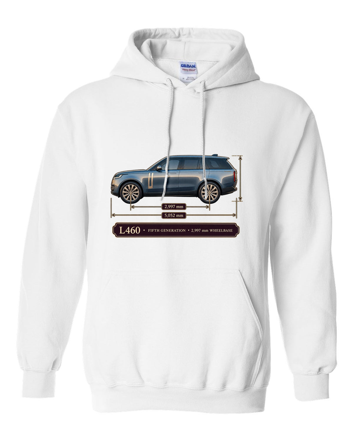 Dimension blueprint print of the Range Rover L460 fifth generation with wheelbase white pull over hoodie front view with the design