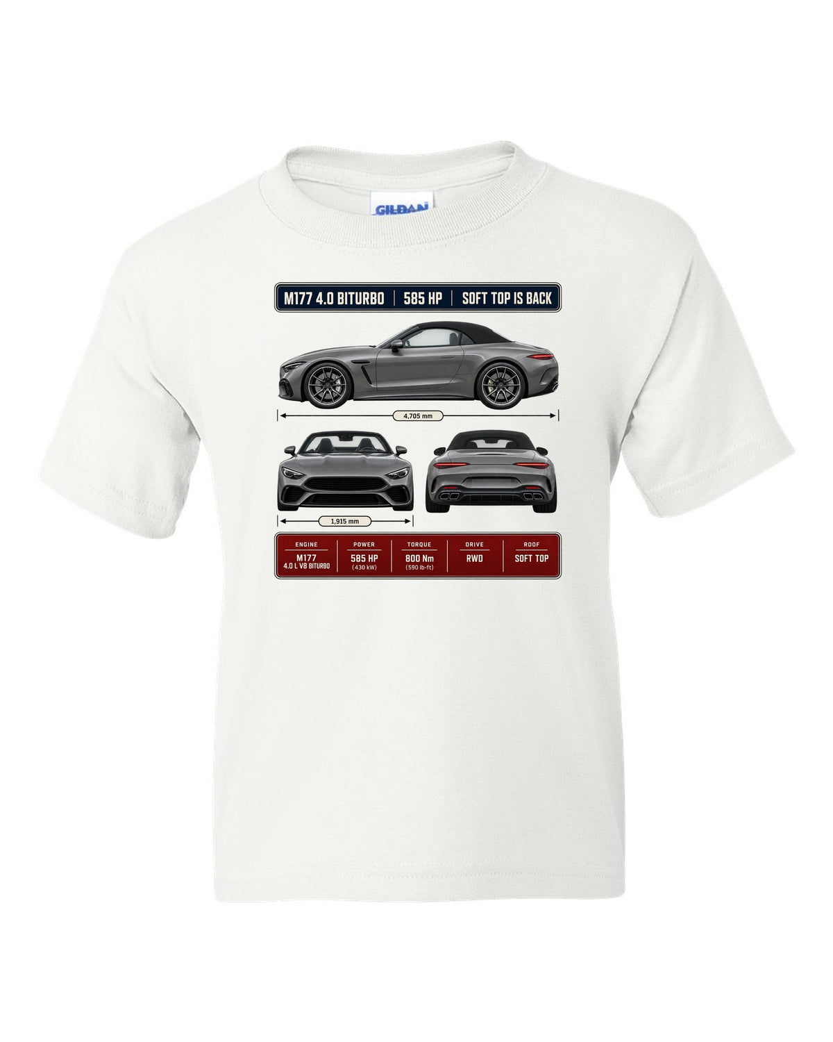 Mercedes-AMG SL63 R232 Three-View Spec white kids tee front view with the design