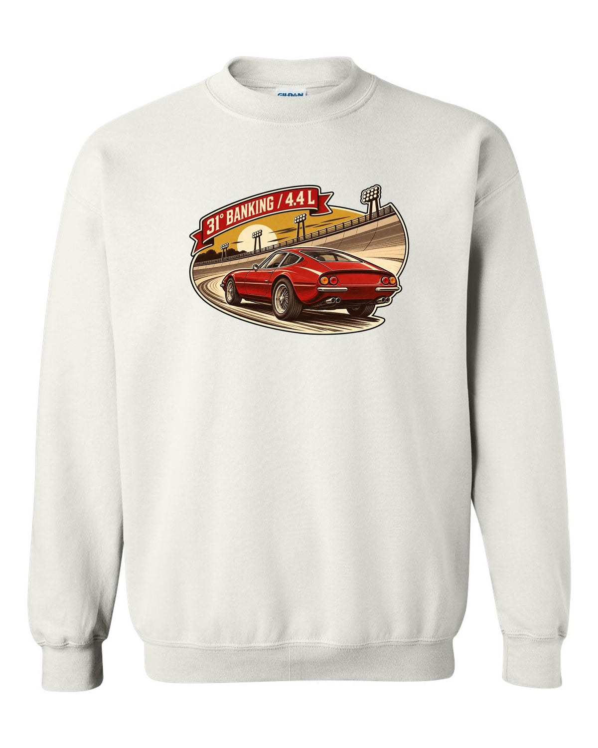 Sepia retro race-programme illustration of three Ferrari 365 GTB/4 Daytonas on banking white crewneck front view with the design
