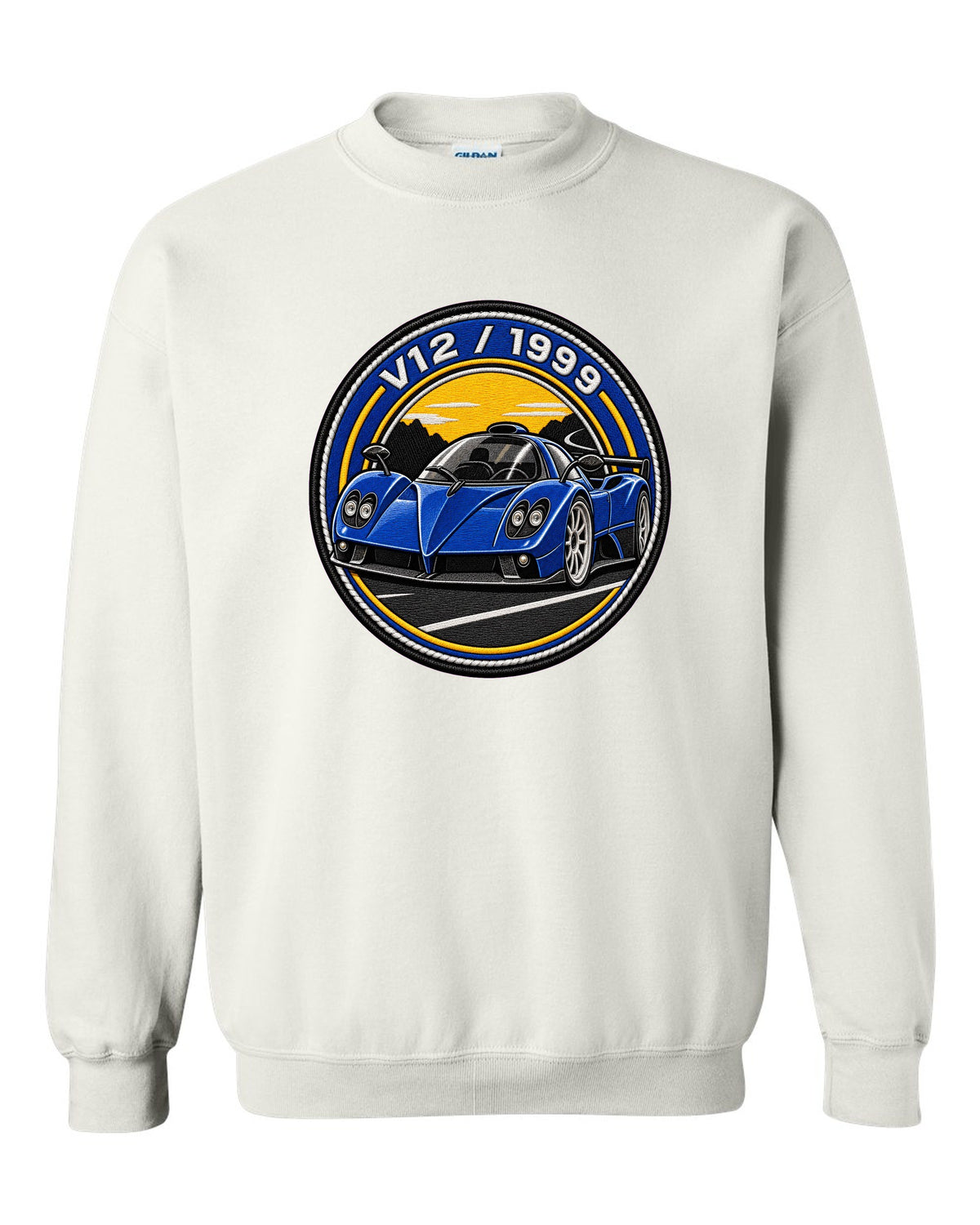 Varsity embroidery-style print for the 1999 Pagani Zonda C12 with V12 and 1999 lettering white crewneck front view with the design