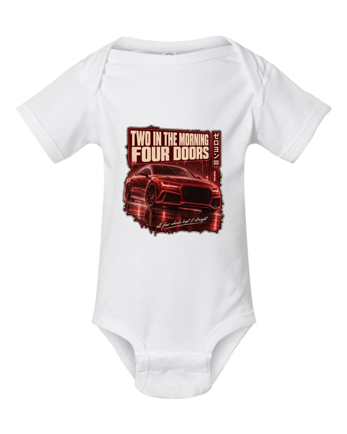 Audi RS7 Sportback C7 on a rainy night street print white baby onesie front view with the design