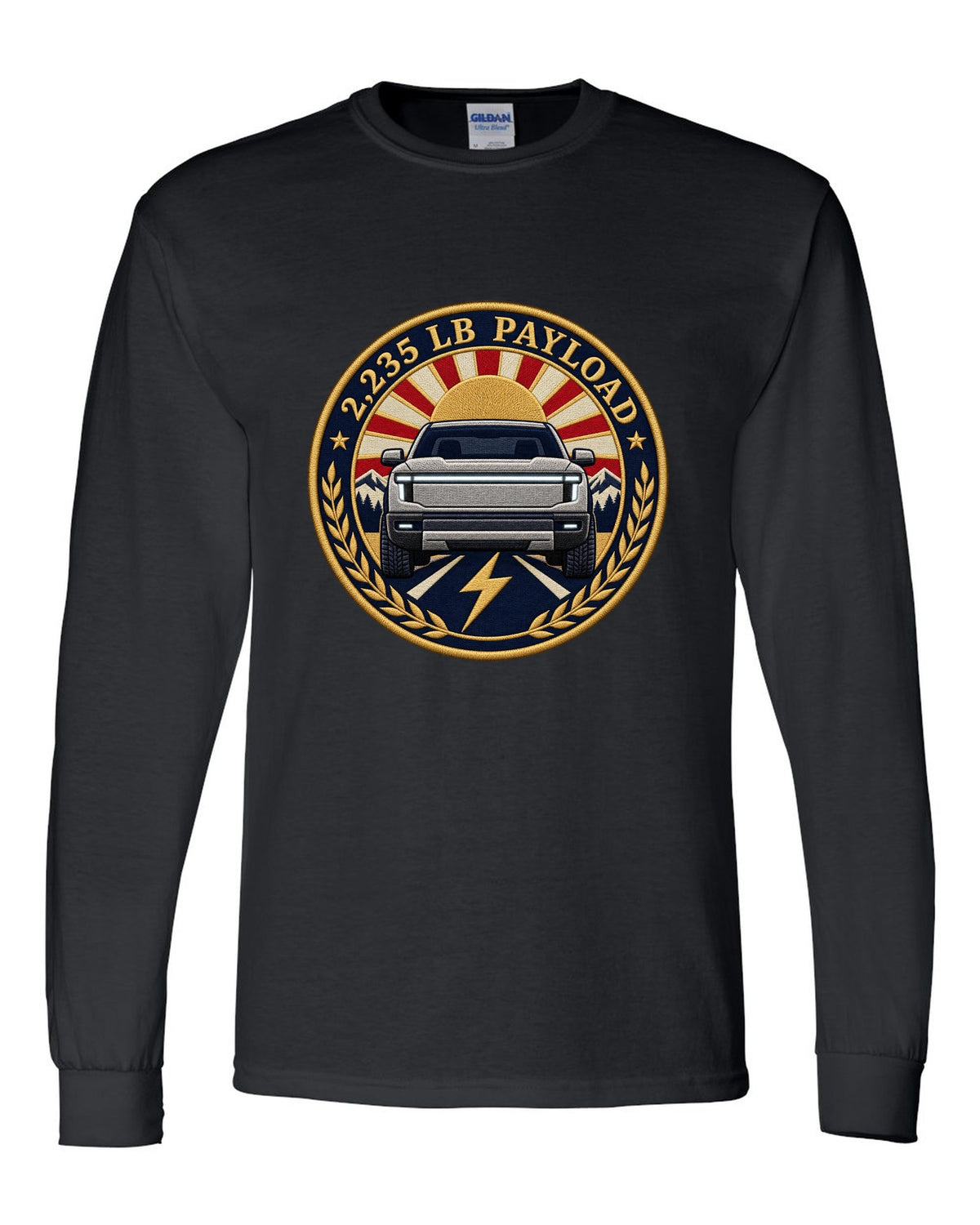 Ford F-150 Lightning embroidery-style round crest with 2,235 lb payload text black long sleeve front view with the design