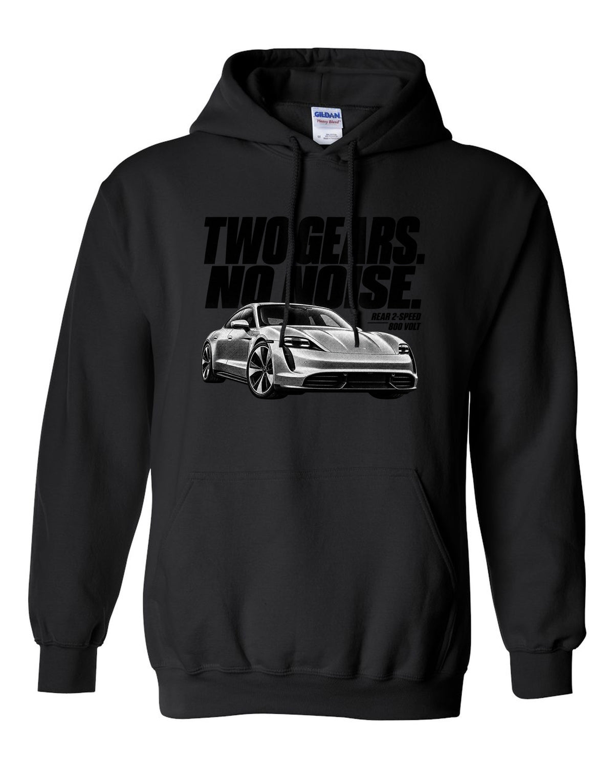 Halftone Porsche Taycan Turbo S 9J1 front three-quarter with two gears, no noise, rear 2-speed black pull over hoodie front view with the design
