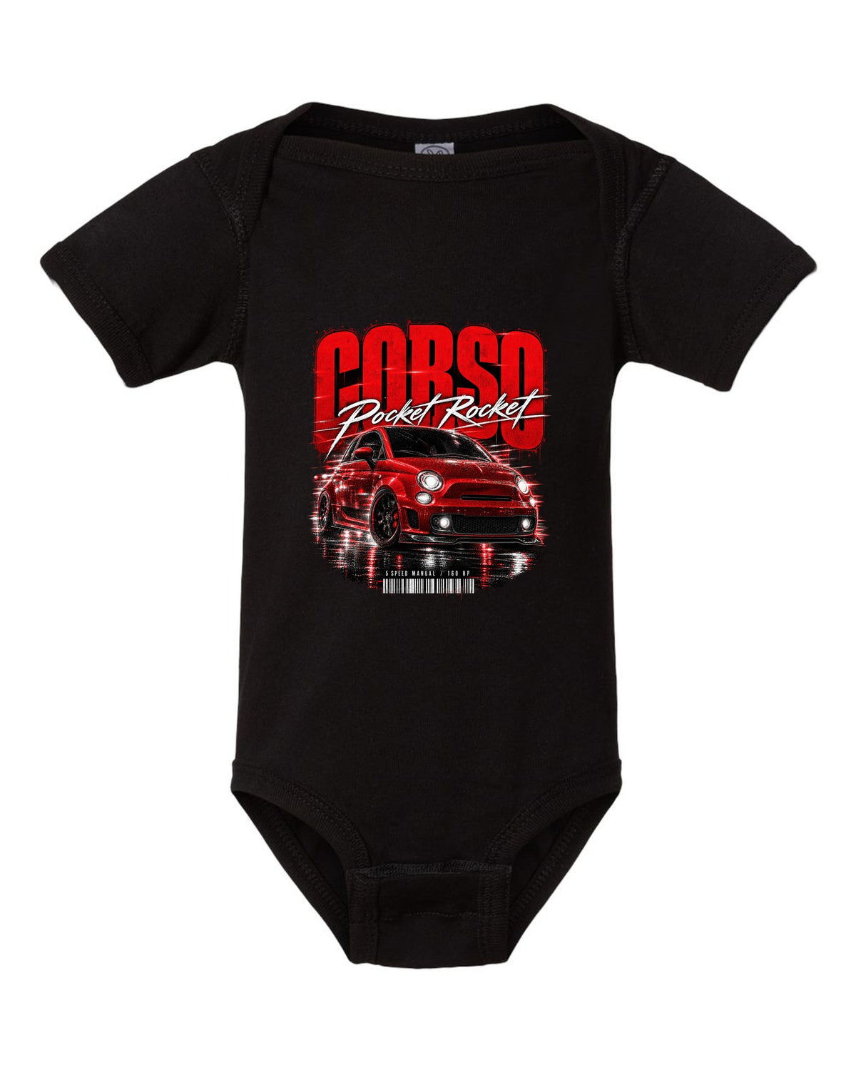 Street poster print of a Fiat 500 Abarth with Corso Pocket Rocket 5 speed manual text black baby onesie front view with the design