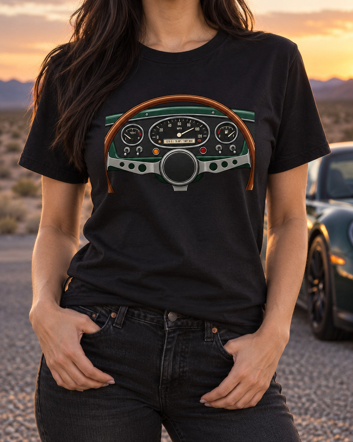 Classic Mini Cooper S Tiny Box Gauge Cluster Readout Tee T-Shirt Black worn hero