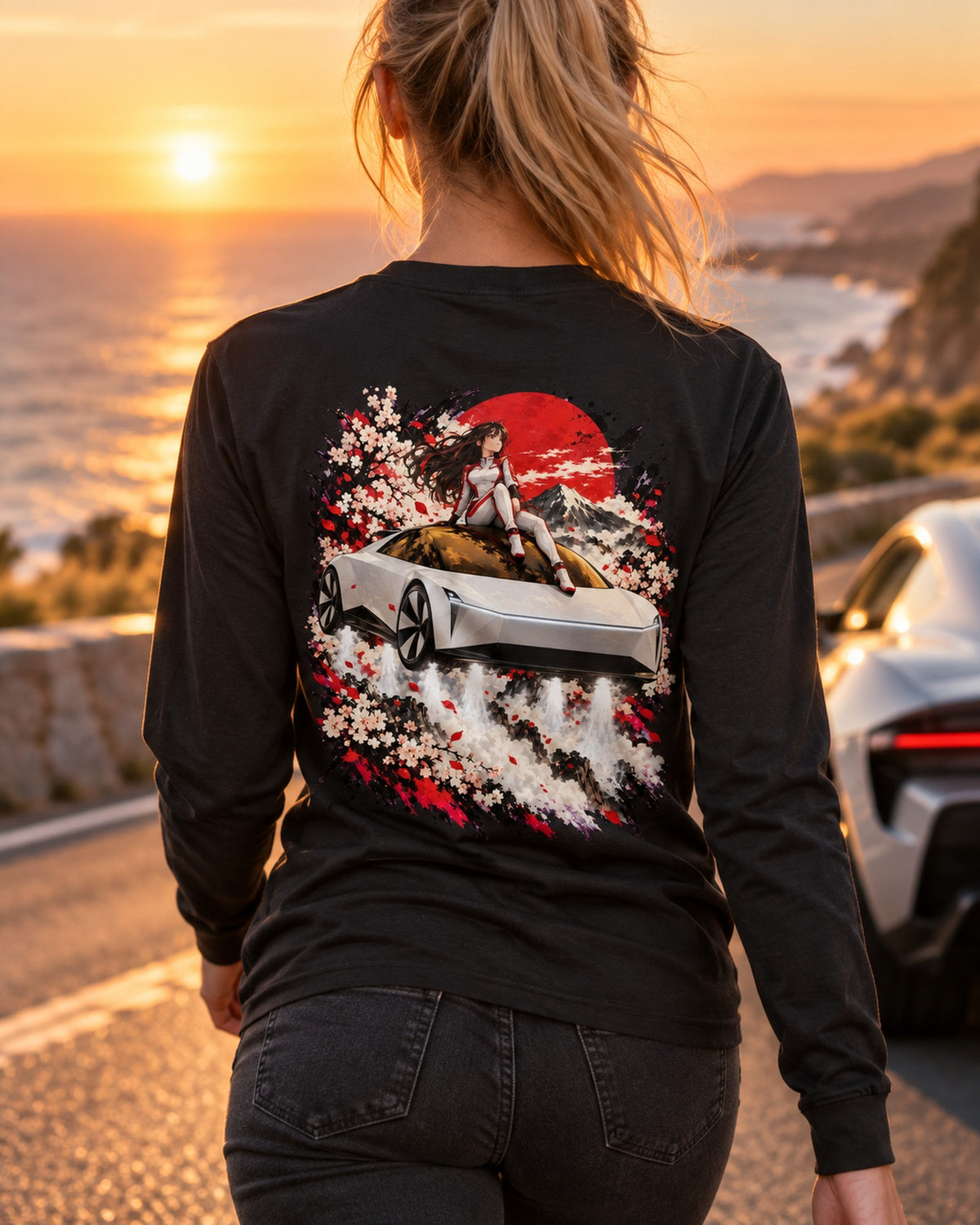 Tesla Roadster Rooftop Anime Girl Shirt, Hoodie & More Long Sleeve Black worn hero