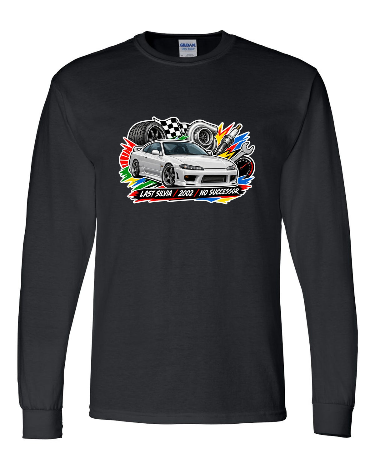Sticker-bomb collage print for the Nissan Silvia S15 with last Silvia 2002 no successor lettering black long sleeve front view with the design