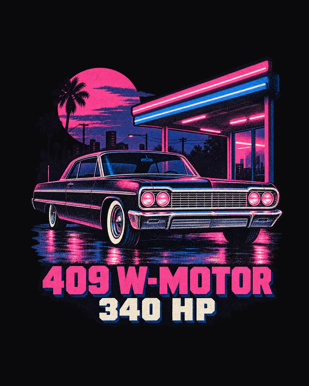 1964 Impala SS 409 W-Motor Riso Night Shirt, Neon Rain design only