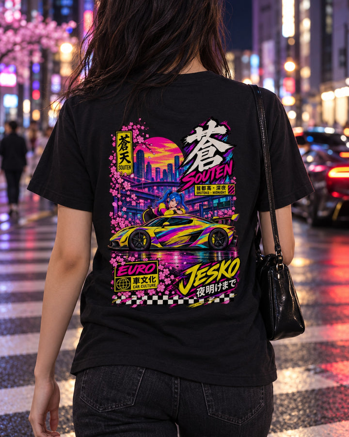 SOUTEN JESKO Anime Girl Full-Back Graphic Tee T-Shirt Black worn hero
