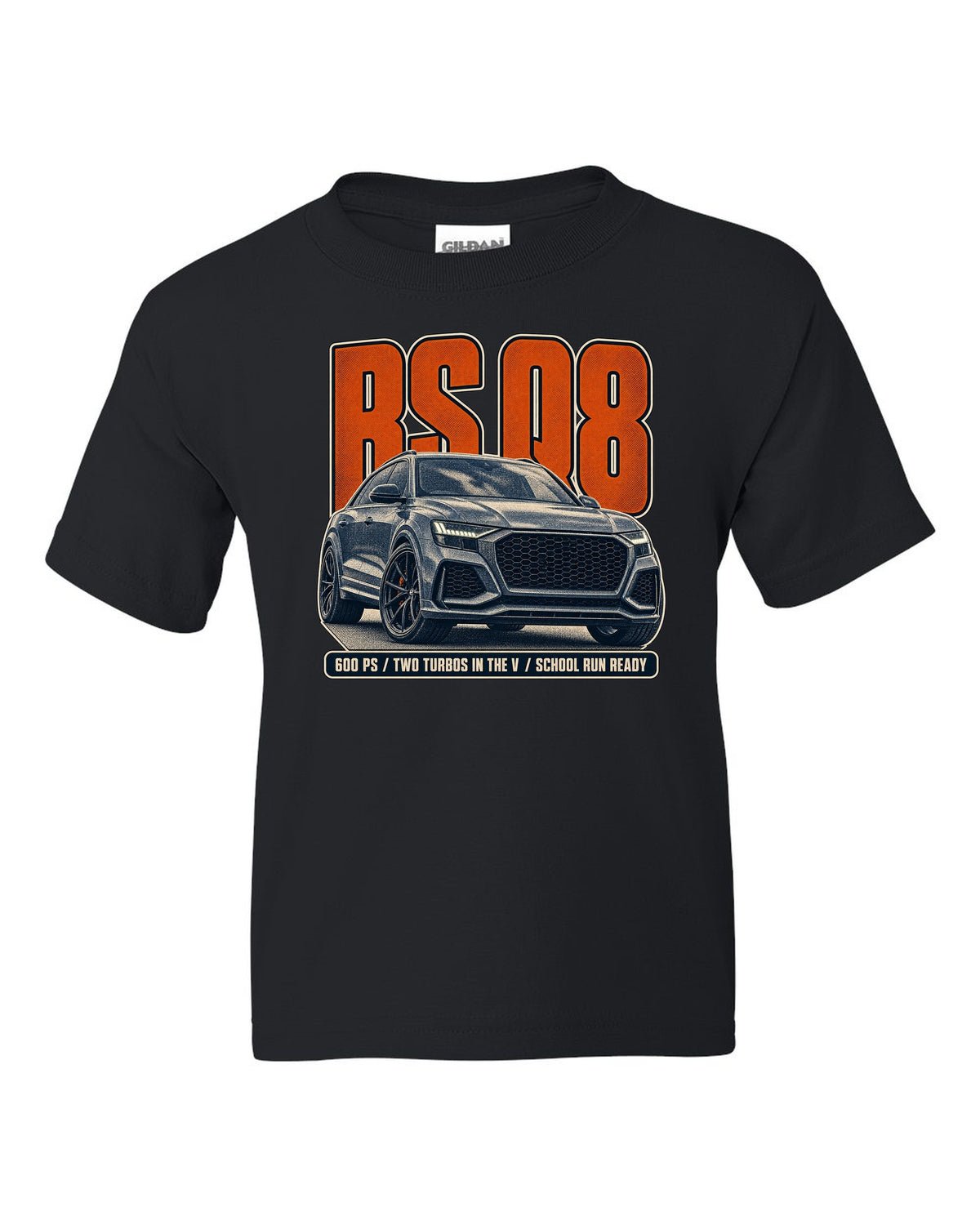 Audi RS Q8 halftone statement print with 600 PS text black kids tee front view with the design