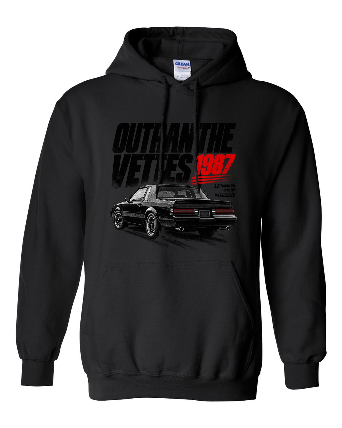 print halftone of a 1987 Buick Regal GN with outran the Vettes lettering black pull over hoodie front view with the design