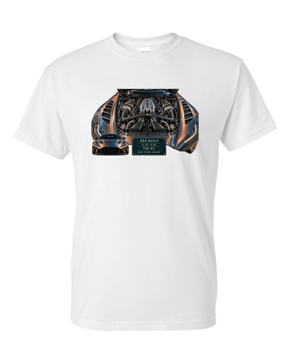 Aston Martin V12 Vantage 2022 engine hero print with 333 built 5.2L V12 700 PS text white t-shirt front view with the design