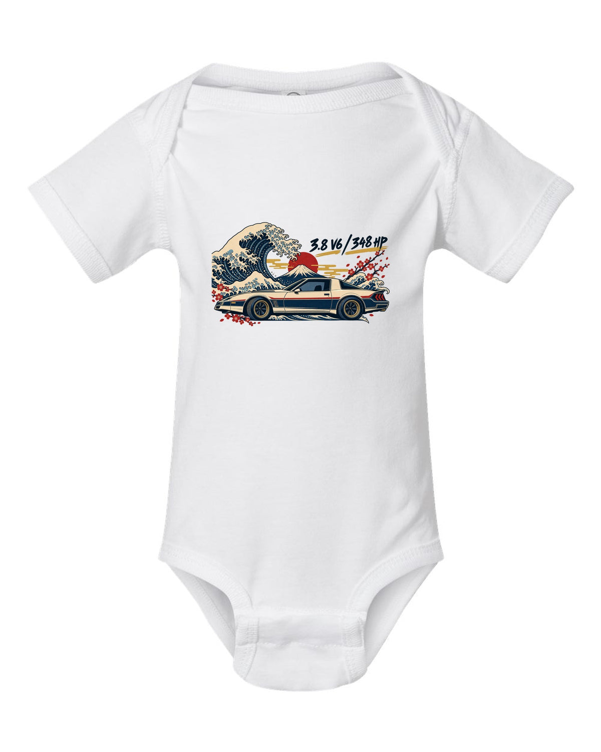 Ukiyo-e woodblock print of a Hyundai Genesis Coupe BK2 with 3.8 V6 348 HP text white baby onesie front view with the design