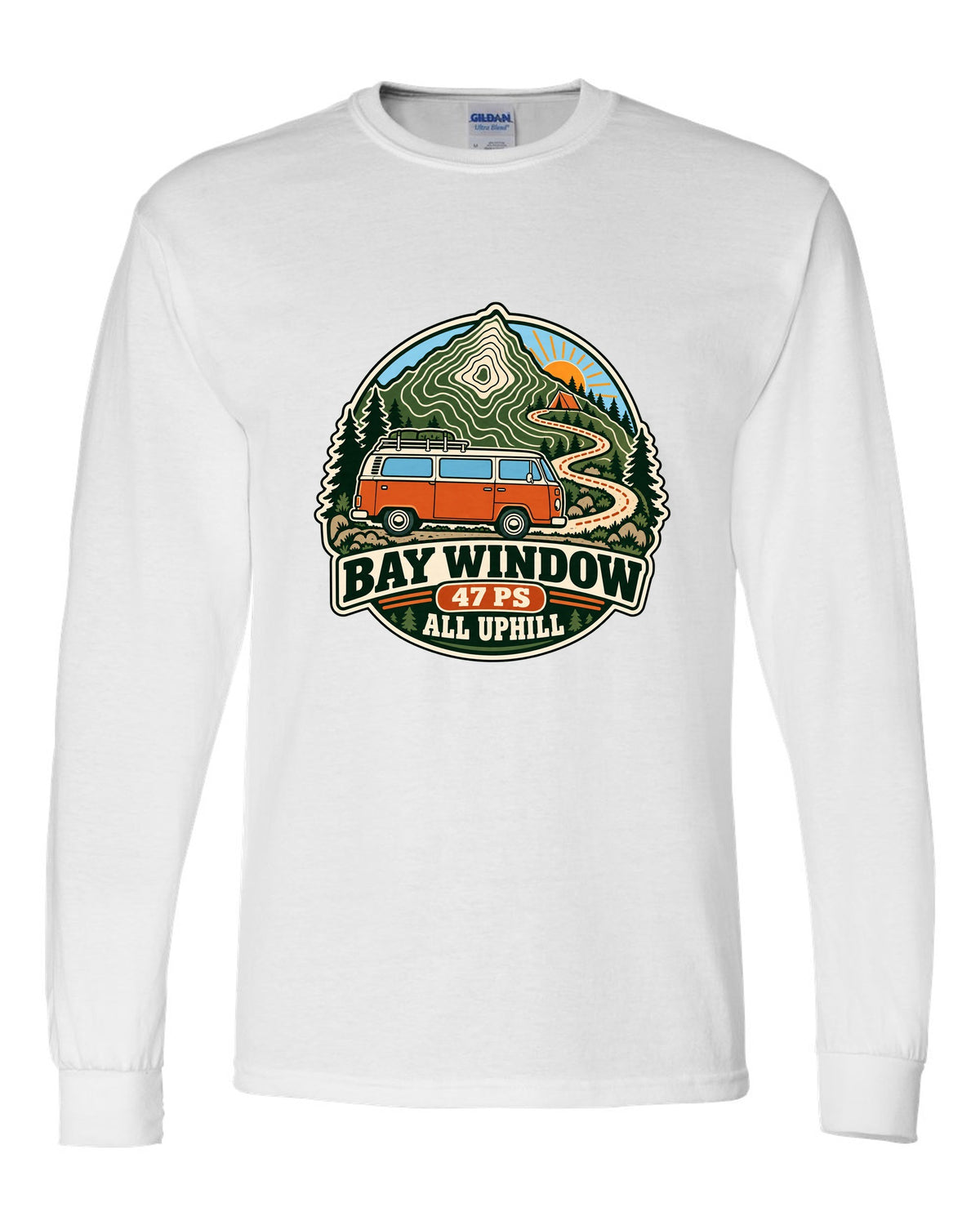 Topographic route map style print of a VW Bus T2 Bay Window with 47 PS all uphill text white long sleeve front view with the design