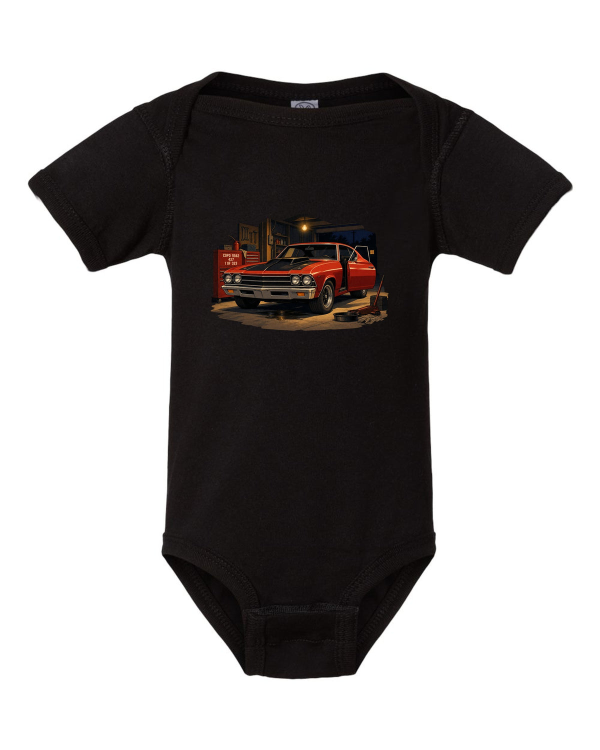 Cel-shaded anime print of a 1969 Chevelle COPO in a night garage with the text COPO 9562, 427, 1 of 323 black baby onesie front view with the design