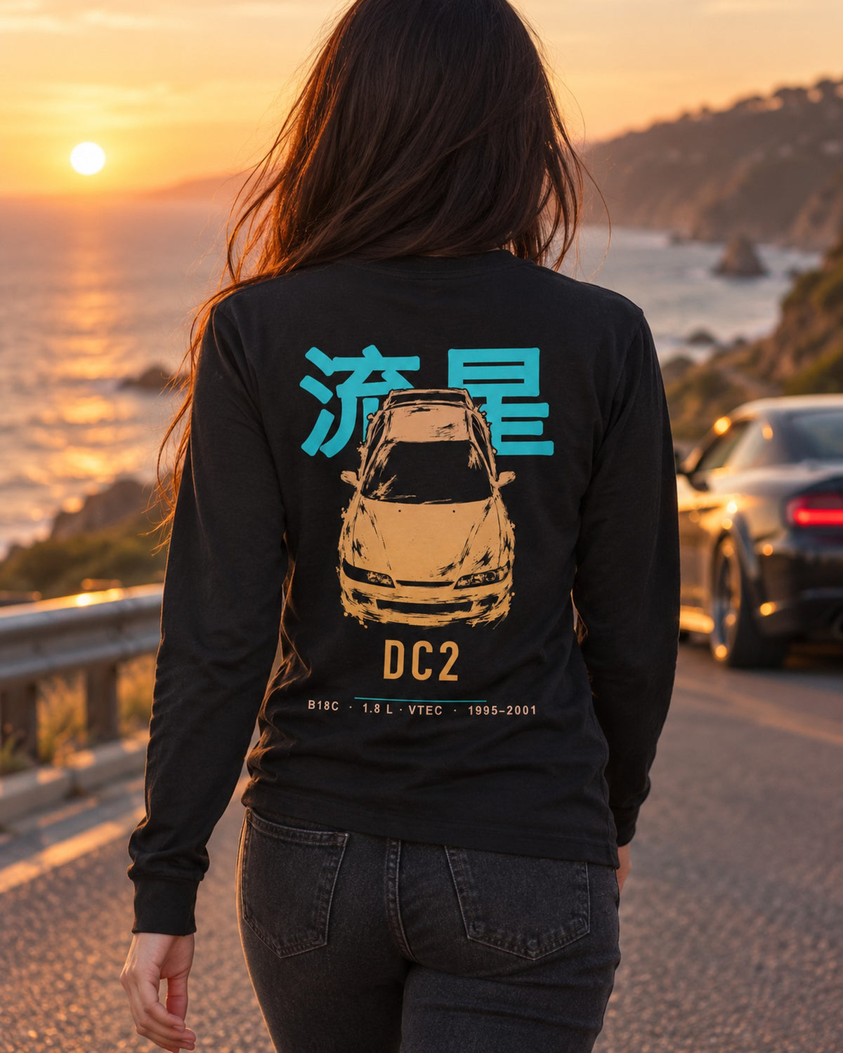 DC2 B18C Full-Back Graphic Tee Long Sleeve Black worn hero