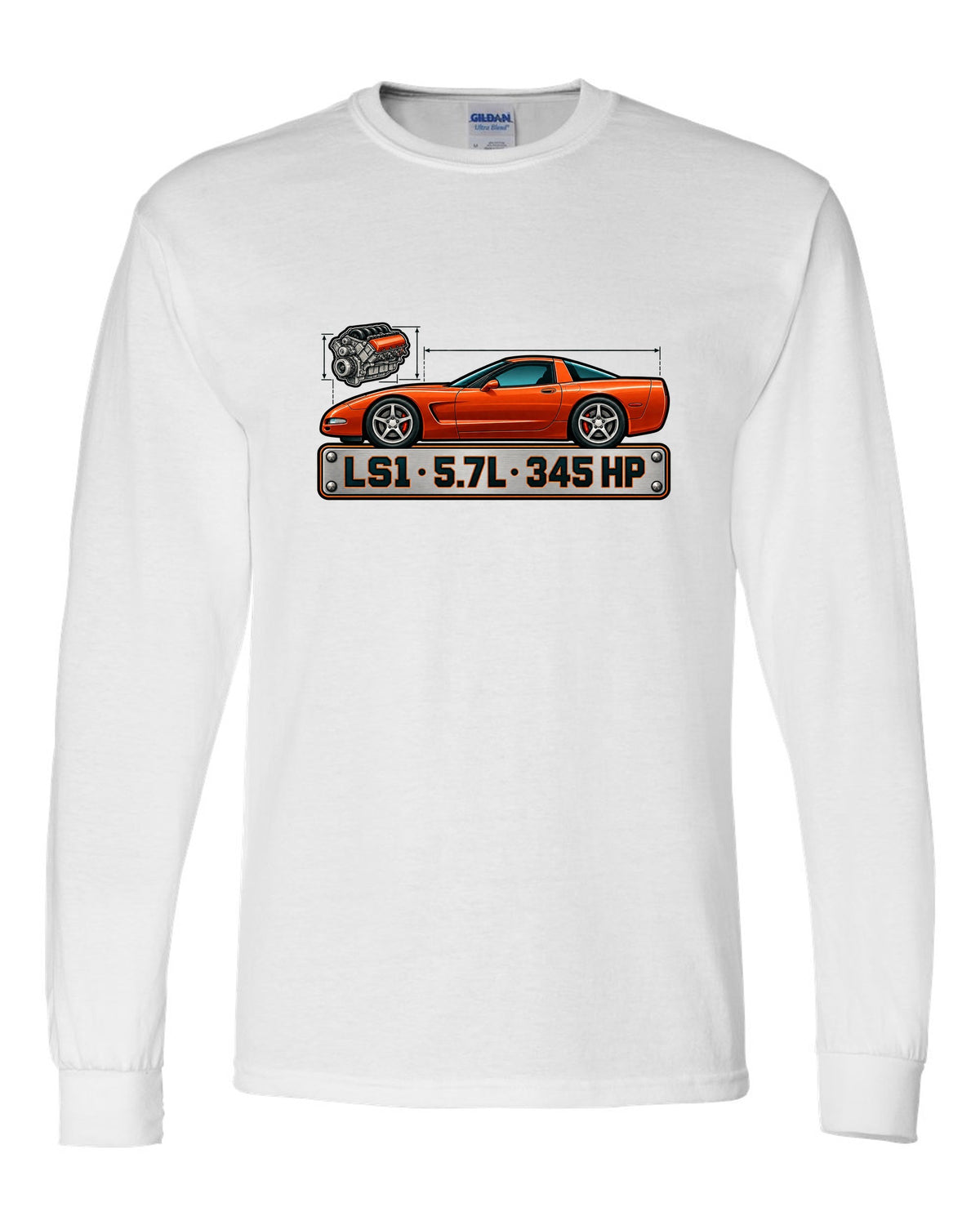 Spec-sheet style print of a 1997 Chevrolet Corvette C5 coupe with LS1 5.7L 345 HP lettering white long sleeve front view with the design