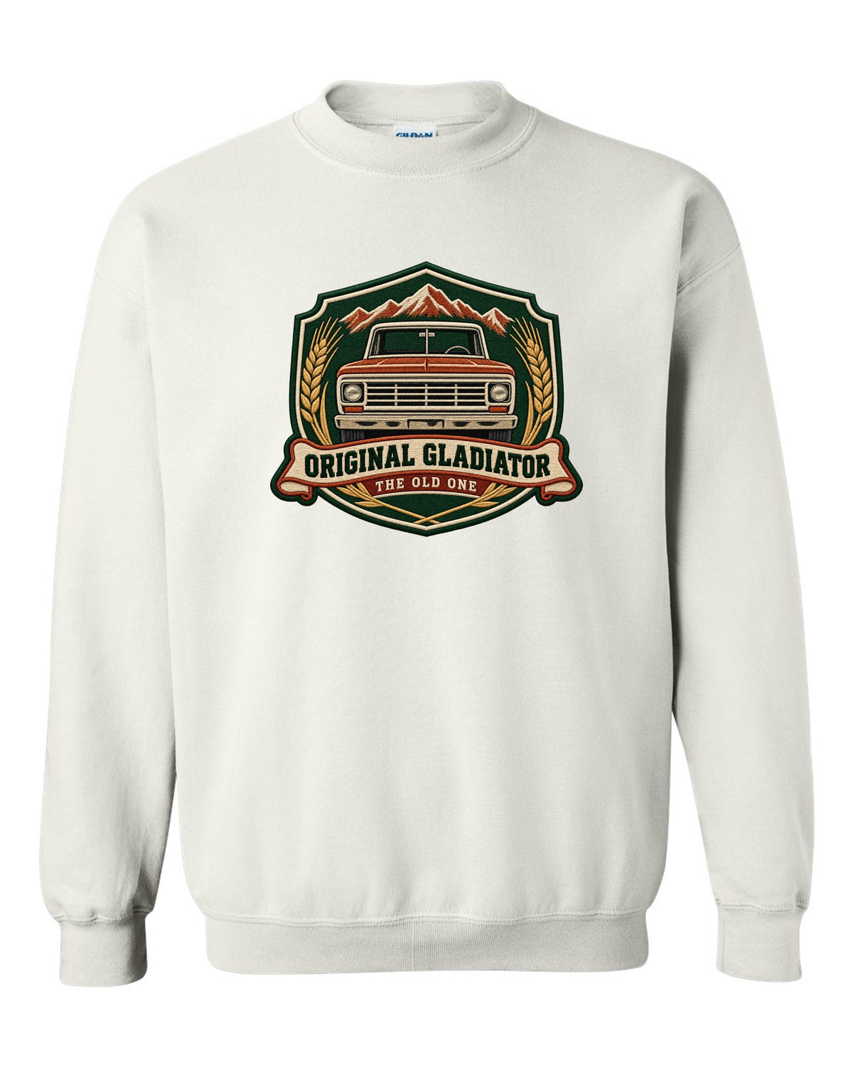 Embroidery-style shield crest print with Jeep Gladiator J-series pickup and the words The Old One white crewneck front view with the design
