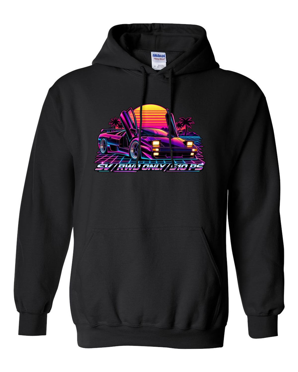 Synthwave outrun style Lamborghini Diablo SV with RWD only and 510 PS lettering black pull over hoodie front view with the design