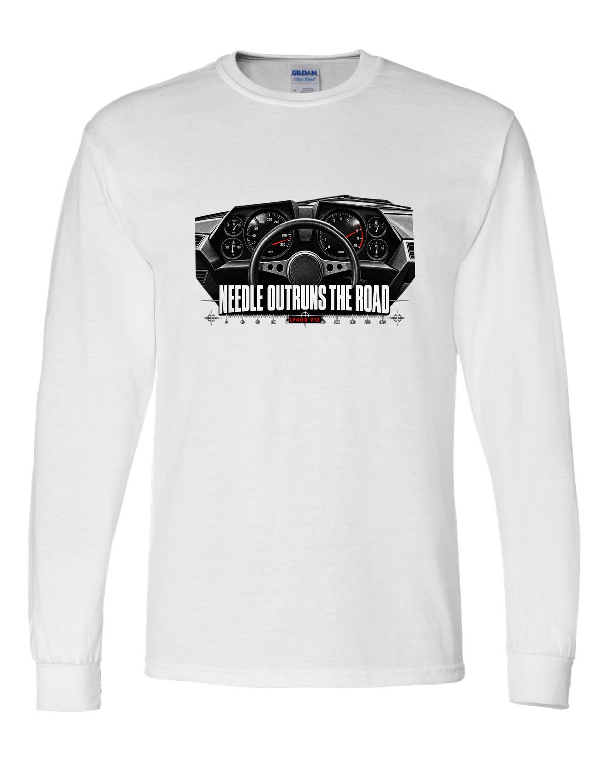 Cockpit gauge print of a Lamborghini Countach LP400 interior with needle outruns the road text white long sleeve front view with the design