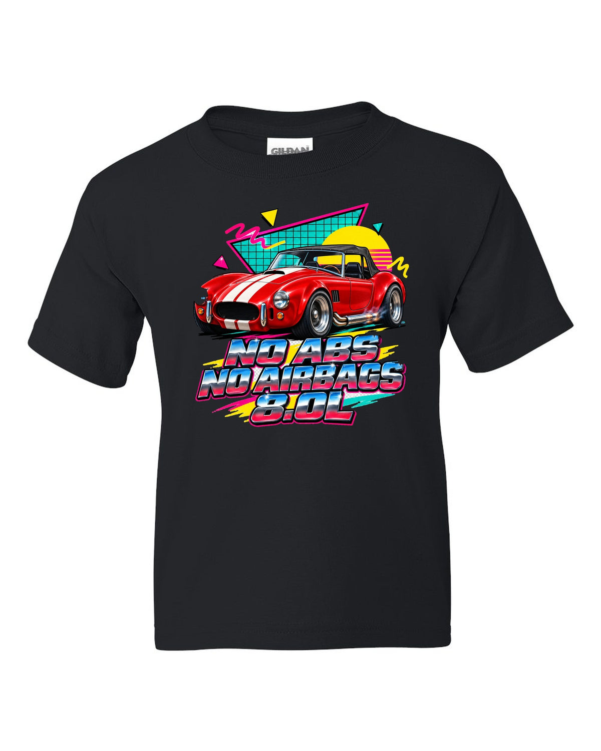 Airbrushed 90s Memphis grid print of a 1992 Dodge Viper RT/10 with no ABS text black kids tee front view with the design