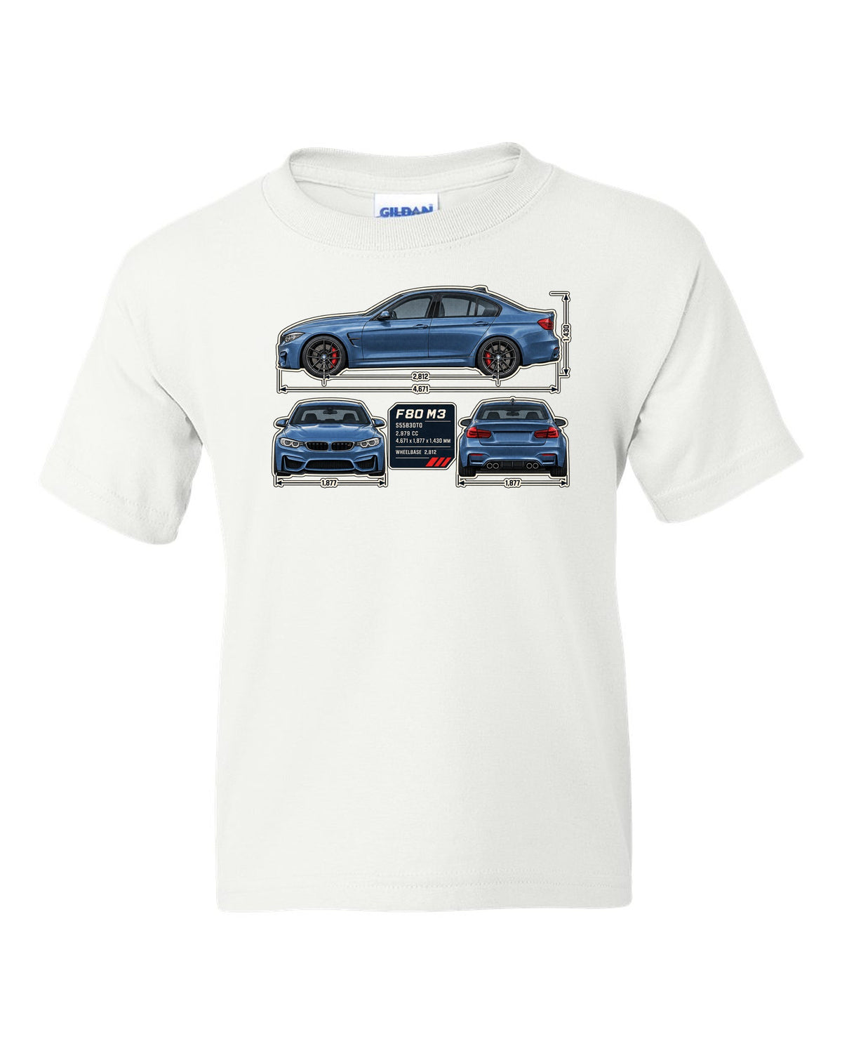 BMW M3 F80 dimension blueprint print with measurements white kids tee front view with the design