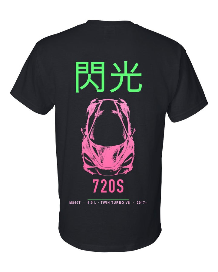 720S full-back artwork black t-shirt back view with the design