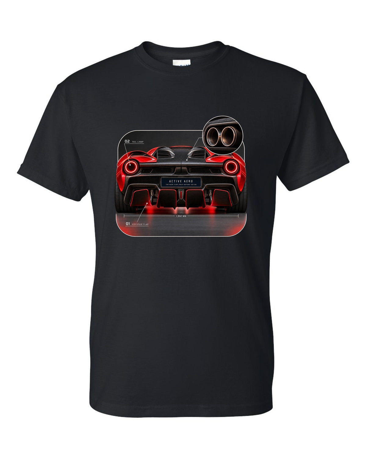 Ferrari LaFerrari taillight macro print with active aero caption black t-shirt front view with the design